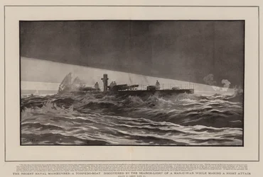 De recente marine-oefeningen, een torpedoboot ontdekt door het zoeklicht van een oorlogsschip tijdens een nachtelijke aanval